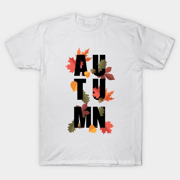 Autumn word and leaves BLACK T-Shirt by PrintablesPassions